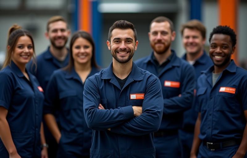 A team of skilled mechanics standing together proudly in the clean and well-equipped workshop of Maju Jaya Auto Services