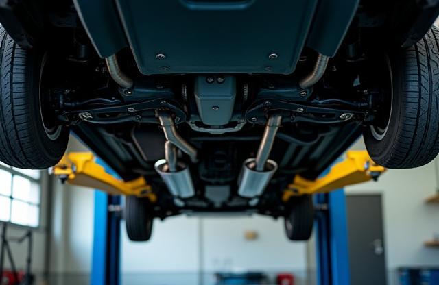 A car raised on a hydraulic lift in the workshop, allowing for thorough underside inspection
