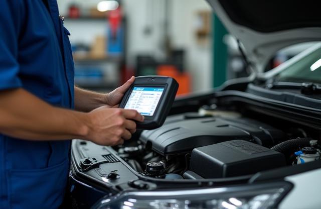 Experienced mechanic performing a detailed engine check using a diagnostic tool in the clean workshop