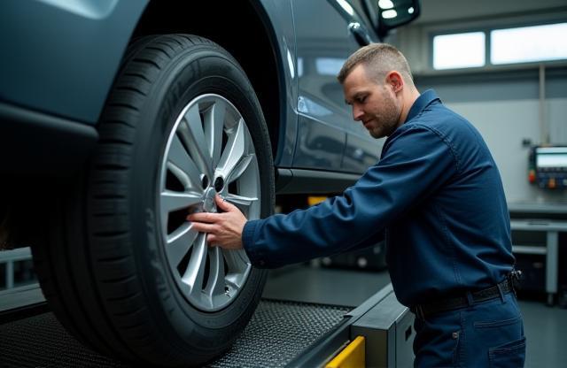 Mechanic balancing a tire on a high-tech balancing machine