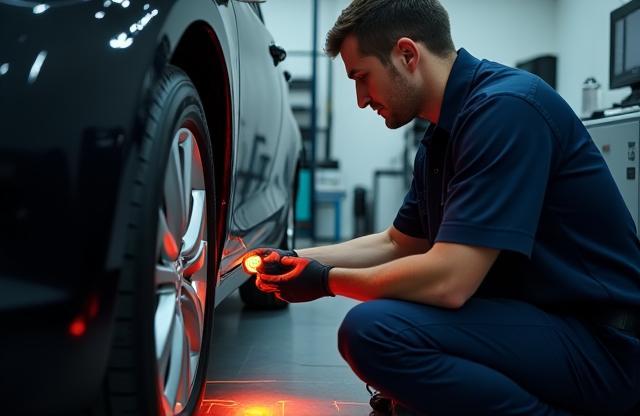 Skilled technician performing a precise wheel alignment on a vehicle using laser equipment
