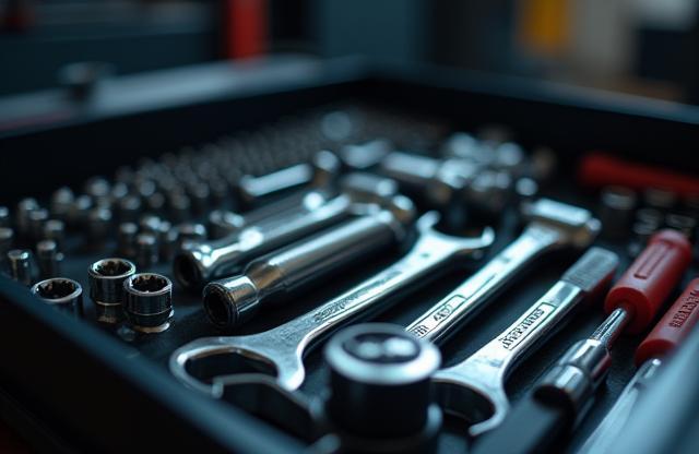 Close-up view of professional automotive tools and equipment neatly arranged, emphasizing precision